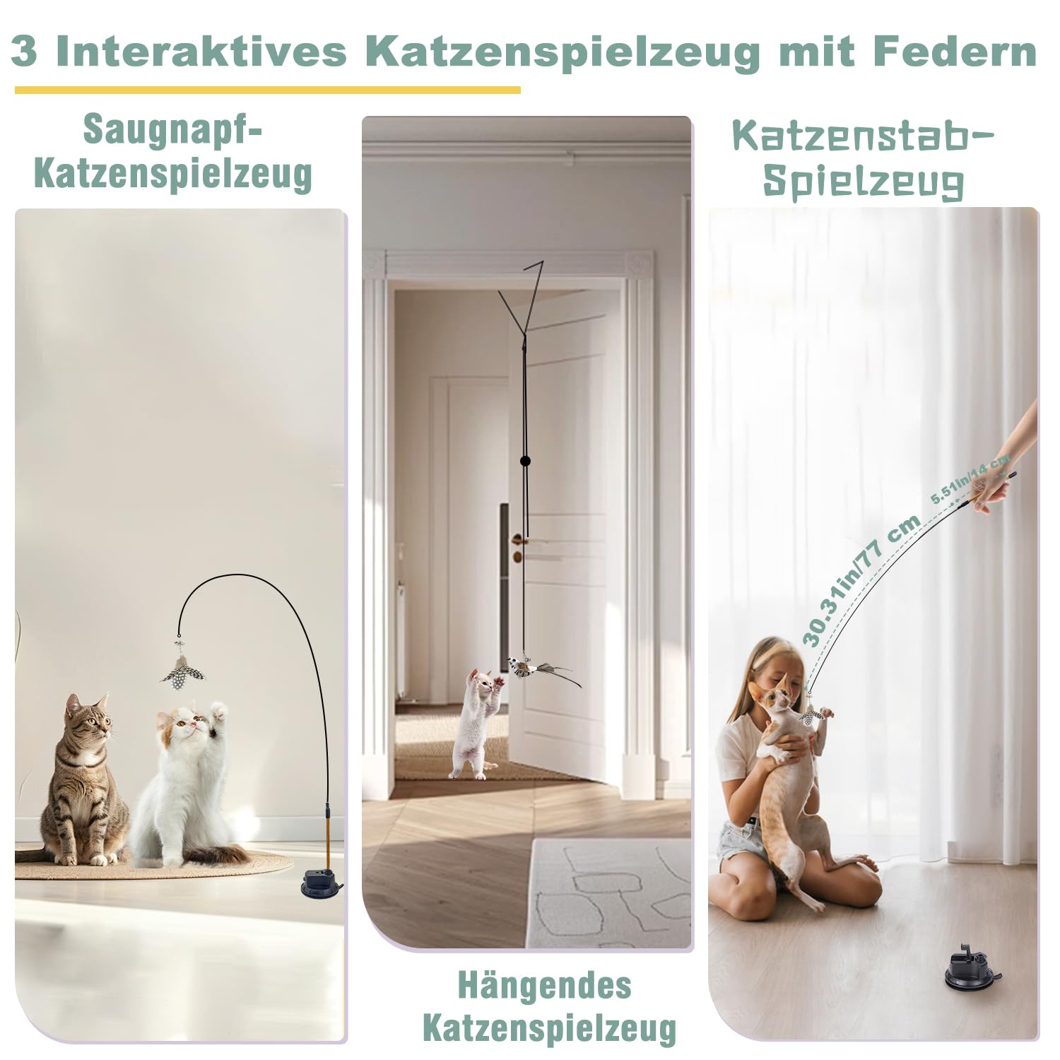 7-in-1 Interaktives Katzenspielzeug Selbstbeschäftigung Katzenangel mit waschbarem Saugnapf, Hängendes Katzenspielzeug, Katzenminze Stick und Katze Beißseil Kauspielzeug Feder