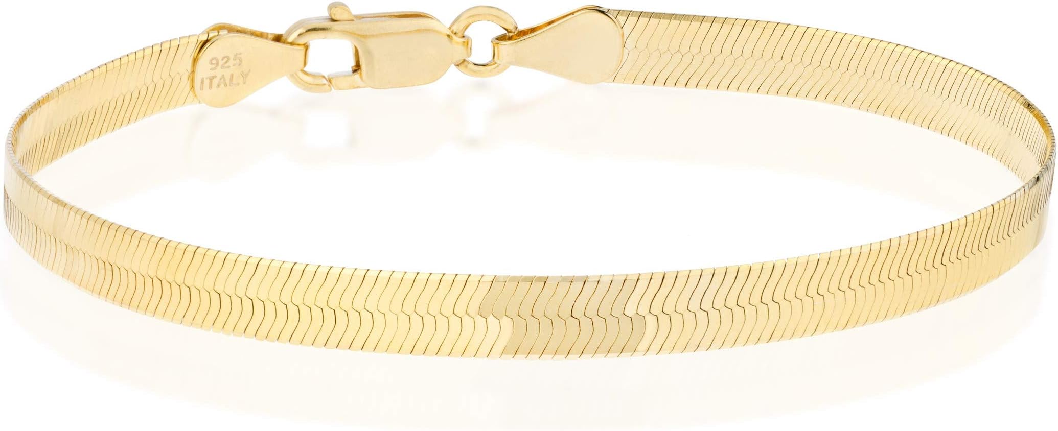 Italian Solid 925 Sterling Silver, 18K Gold Plated 4.5mm Flexible Flat Herringbone Link Chain Bracelet for Women, Made in Italy