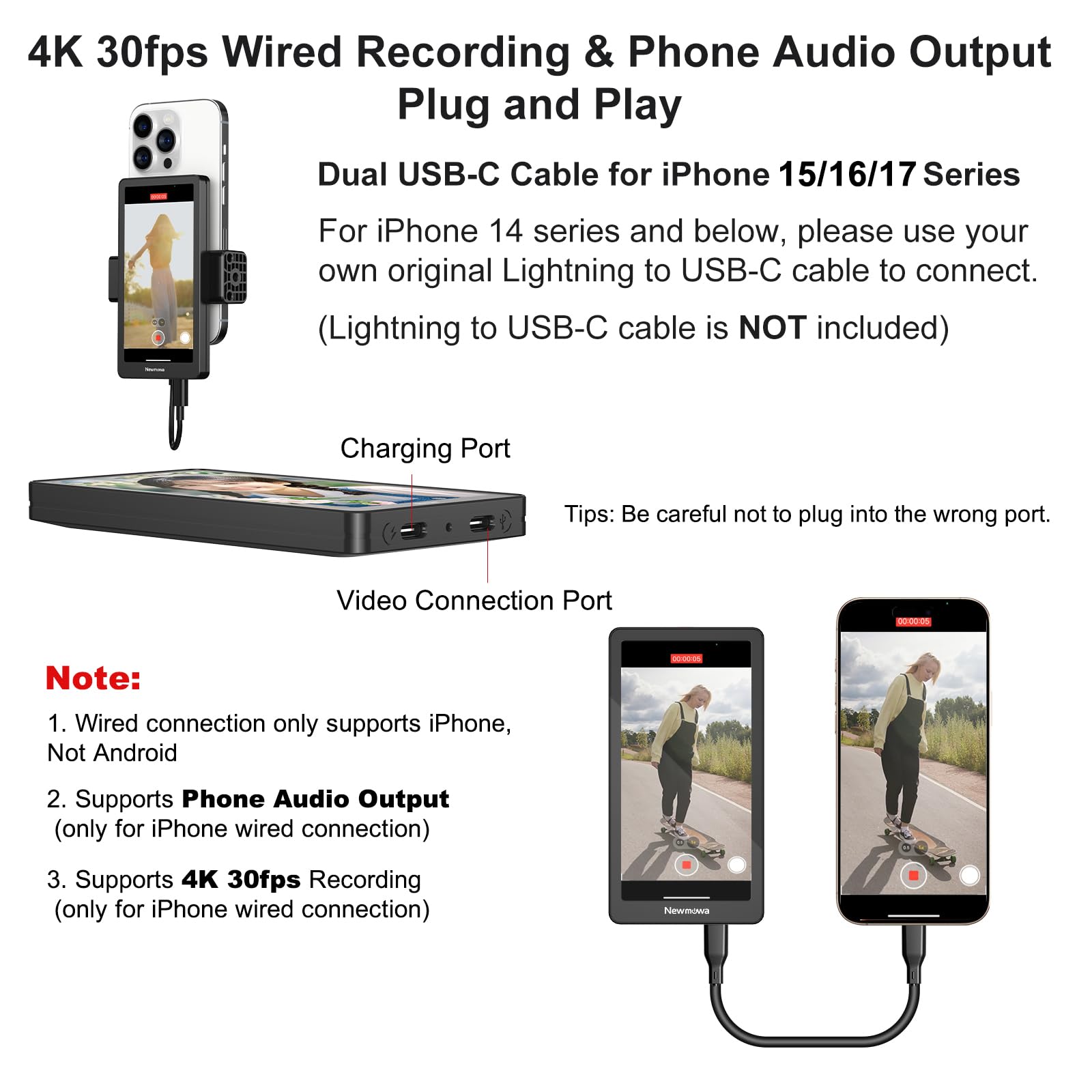 Newmowa 4.95" Teléfono Vlog Selfie Monitor Pantalla,Accesorio de Cámara Trasera del Teléfono para Teleprompter LiveStream Selfie Vlog TikTok,Compatible con iPhone(Soporta 4K 30fps Grabación con Cable)