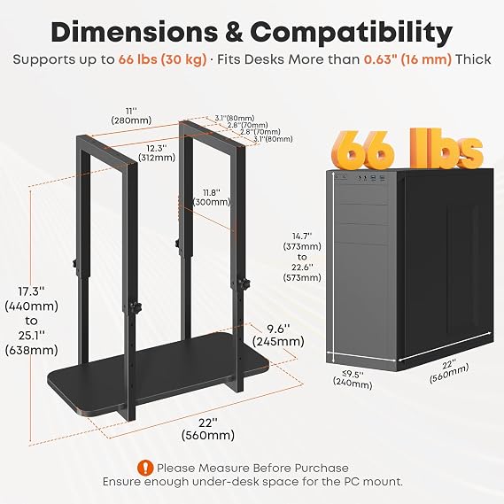 Heavy Duty Under Desk PC Mount with Adjustable Height, Under-Desk Computer CPU Holder for PC Case, Space Saving Desk Mounted Computer Stand, Max Load 66 lbs, Black