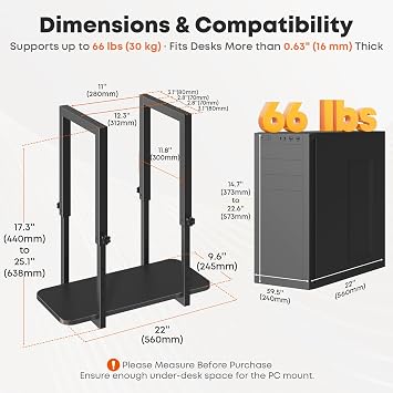 Heavy Duty Under Desk PC Mount with Adjustable Height, Under-Desk Computer CPU Holder for PC Case, Space Saving Desk Mounted Computer Stand, Max Load 66 lbs, Black