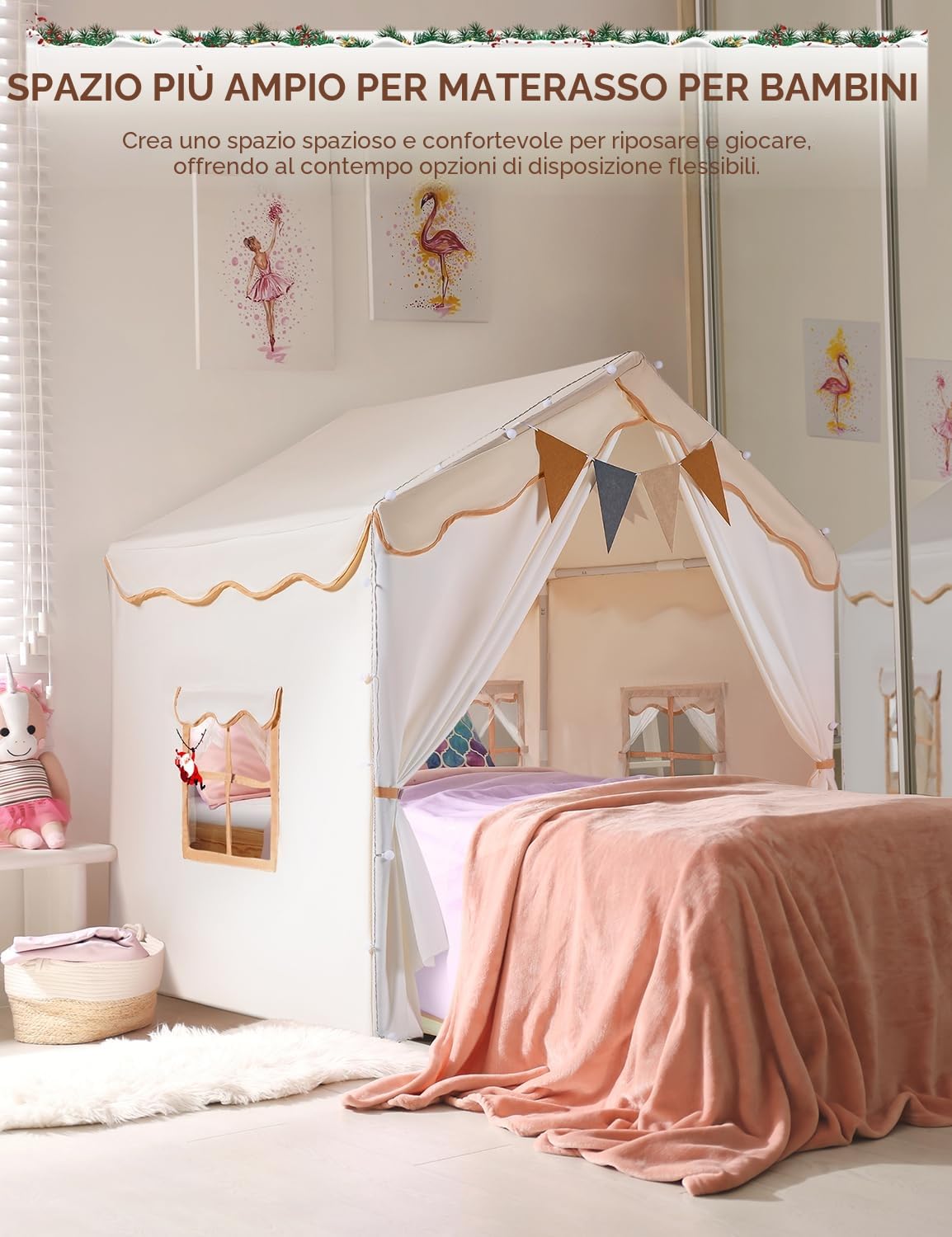 2 in 1 Tenda per Bambini besrey, Tenda Casetta da Gioco con 2 Porte e 4 Finestre, Tenda da Gioco per Bambini Interni ed Esterni con Tappetino Imbottito, Luci Fatate e bandierine