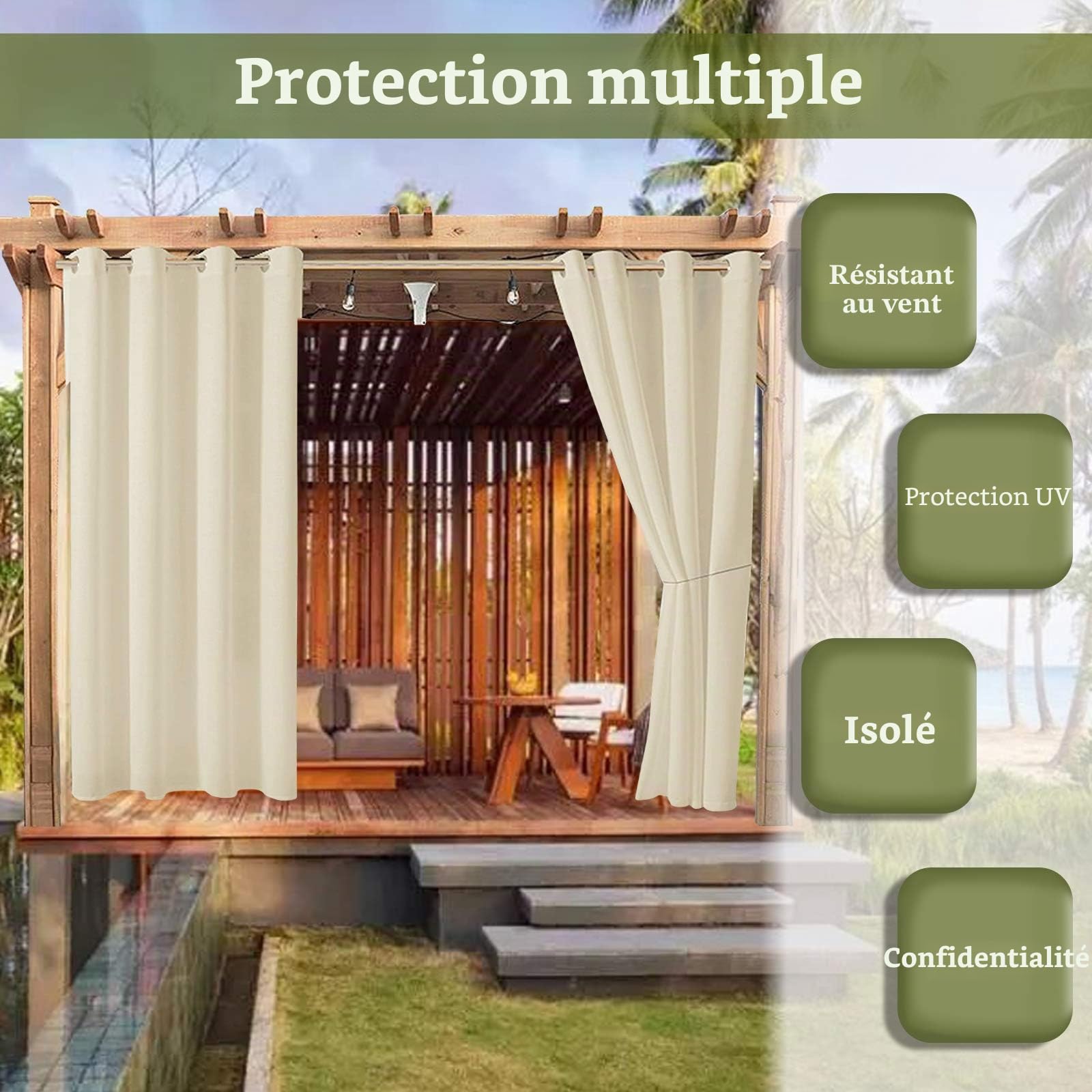 Rideaux d'extérieur Imperméables, Rideau Occultant Isolant Thermiques pour Pergola, Cabanon Jardin Exterieur, Gazebo, Porche Terrasse Pavillon, 1 Panneau (Blanc crème, 132 x 238 cm)