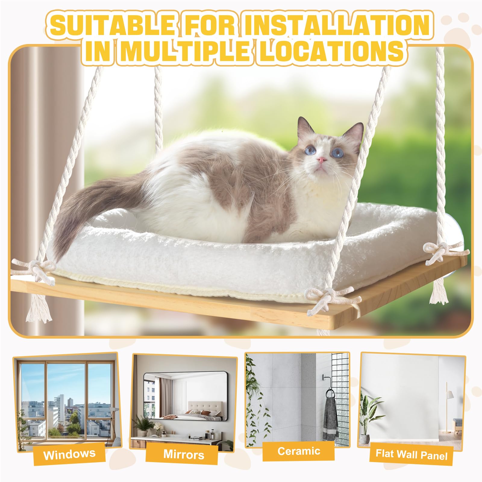 Hamaca para ventana de gato, asiento de ventana para gato con funda de cama, asiento de madera maciza con ventosas fuertes, cama colgante para gatos pequeños y medianos de interior