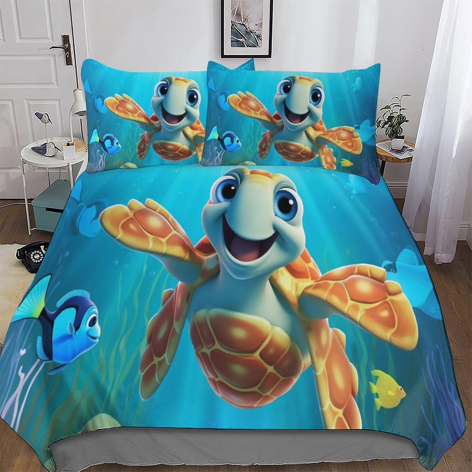 Housse de couette tortue mignonne 200x200cm parure de lit microfibre zippée