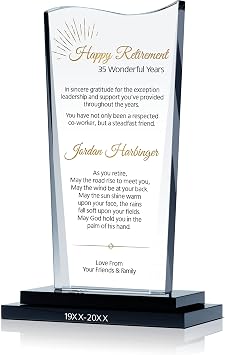 Personalized Crystal Retirement Service Award Plaque for Her, for Him, for Man, for Woman, Customized with Retirees Name, Unique Retirement Gift for Coworker, Colleague, Employee, Staff M - 7.5"