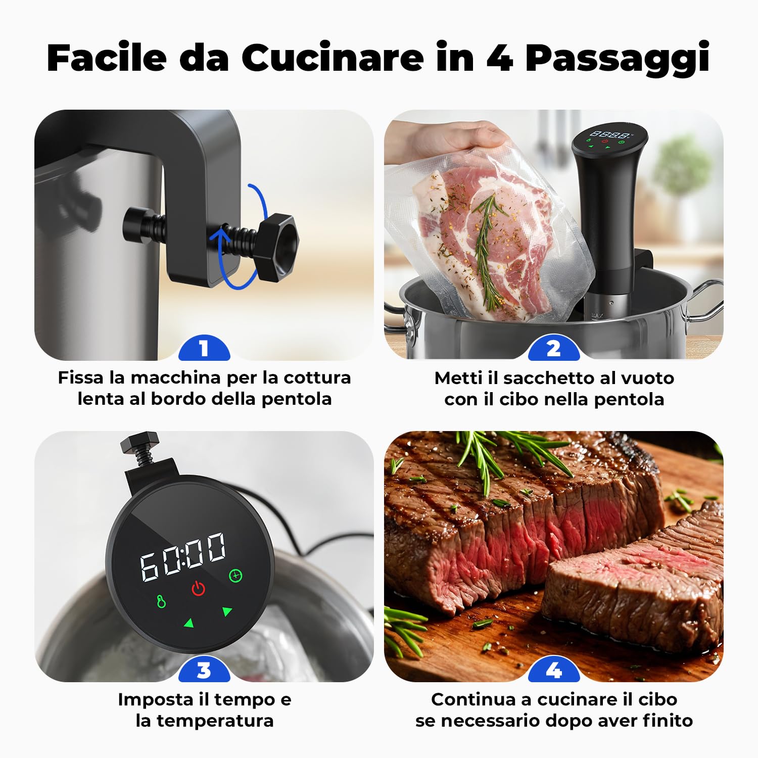 OUSFOT Sous Vide Roner Cucina, 0,1°C Controllo preciso della temperatura, Cottura Bassa Temperatura, Circolazione Dell'acqua 3D Con Ricette, Adatto a una Dieta Sana e Povera di Grassi,Nera