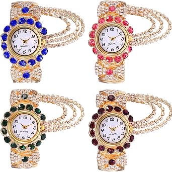 Women Diamond Studded Watch Quartz Watch Fashion Open Alloy Bracelet Watch Pack of 4