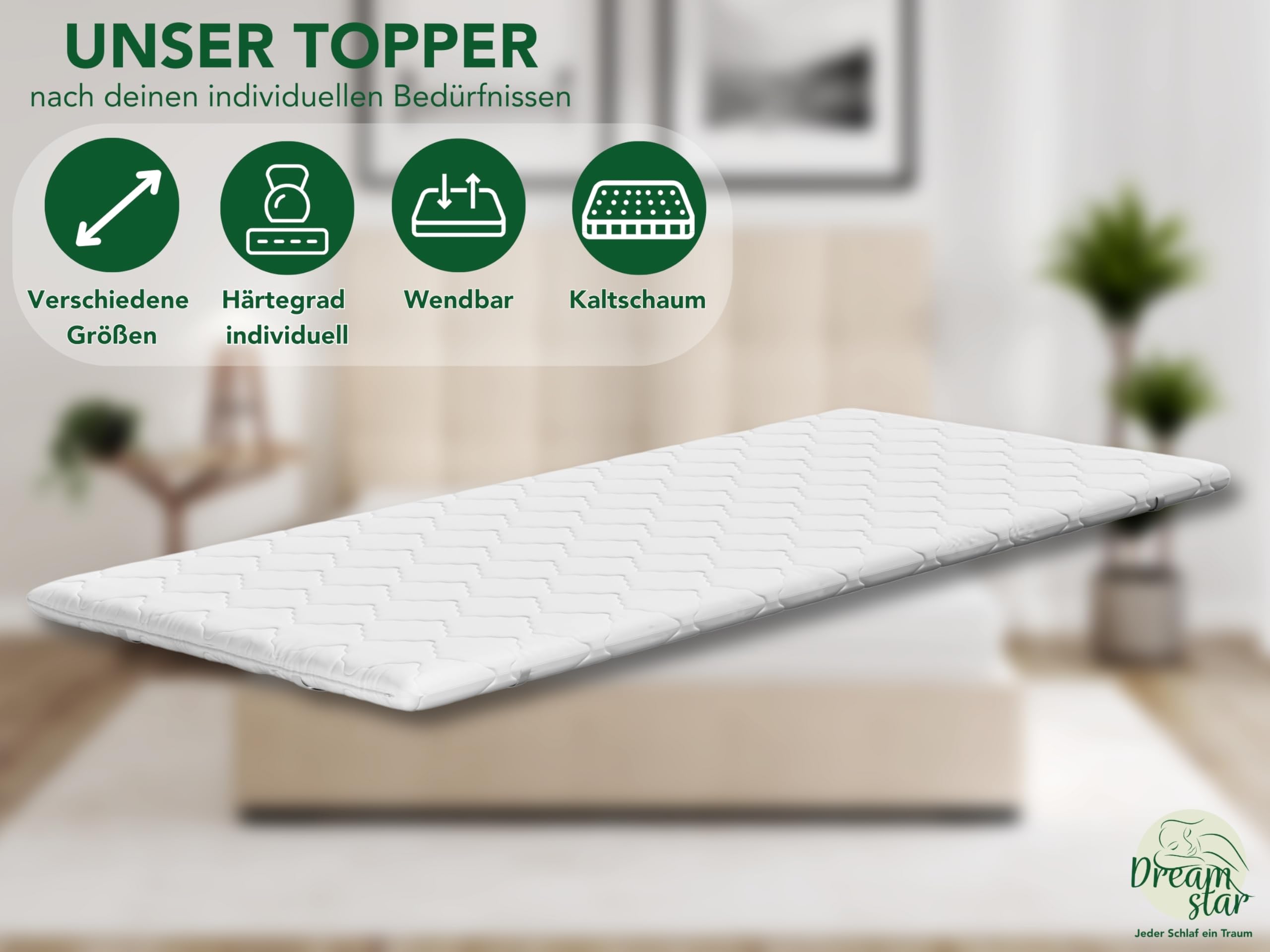 DREAMSTAR Matratzen Topper 140x200cm fest | Good Night Matratzentopper 6cm hoch | Öko-TEX® Zertifiziert & ergonomisch für Boxspringbett, Wohnwagen | rutschfest durch Bänder zur Befestigung - 2