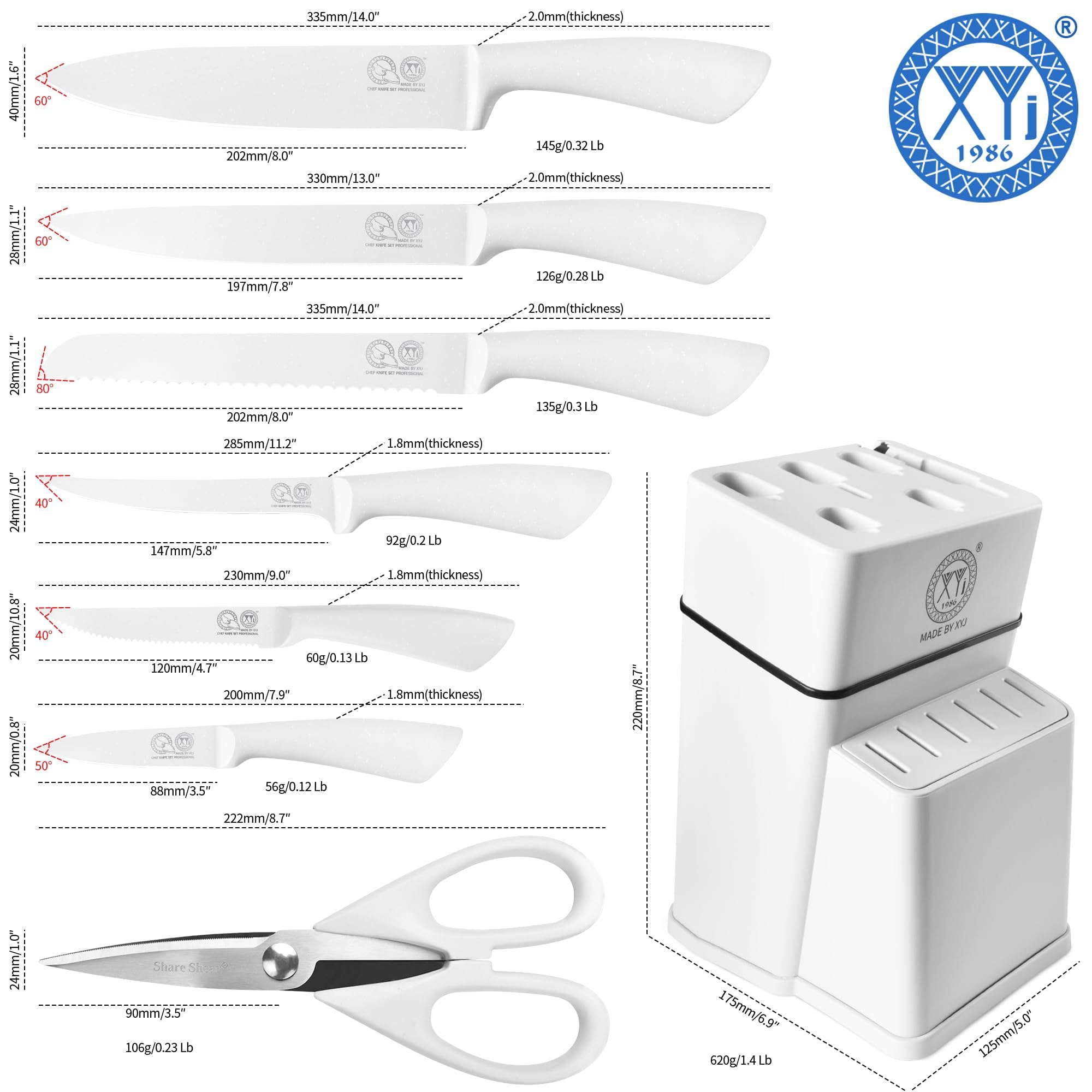 XYJ - Set di coltelli da cucina con portacoltelli, set di coltelli da cucina giapponesi professionali in acciaio inox, coltello da bistecca, coltello per intagliare e affettare, per pane