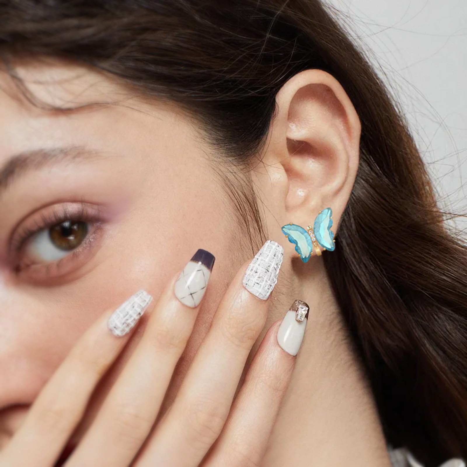 YOQUCOL Butterfly Shape Crystal Clip On Earrings Non Pierced Golden Stud for Women: Light Blue