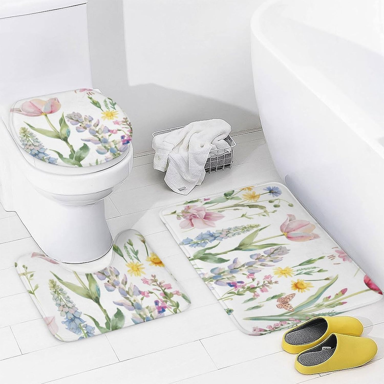 Flowers Tulip Butterflies Modern Bathroom Sets with Shower Curtain and Rugs Decor 4 Pcs with 12 Hooks