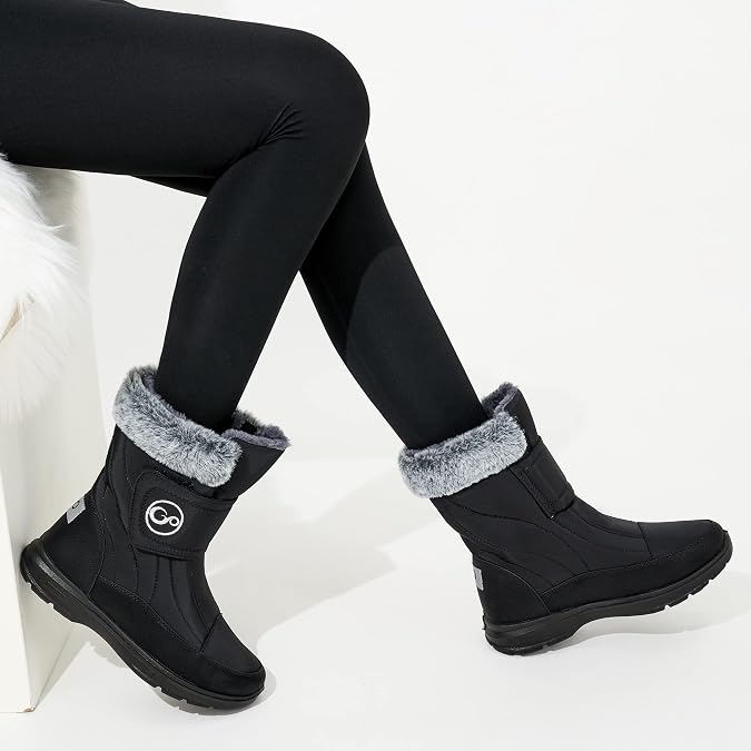 Almusen Snow Boots for Womens Winter Shoes: Warm Fur Lining Mid Calf Boots Women Anti Slip Waterproof Hook Loop Comfortable Outdoor Boot