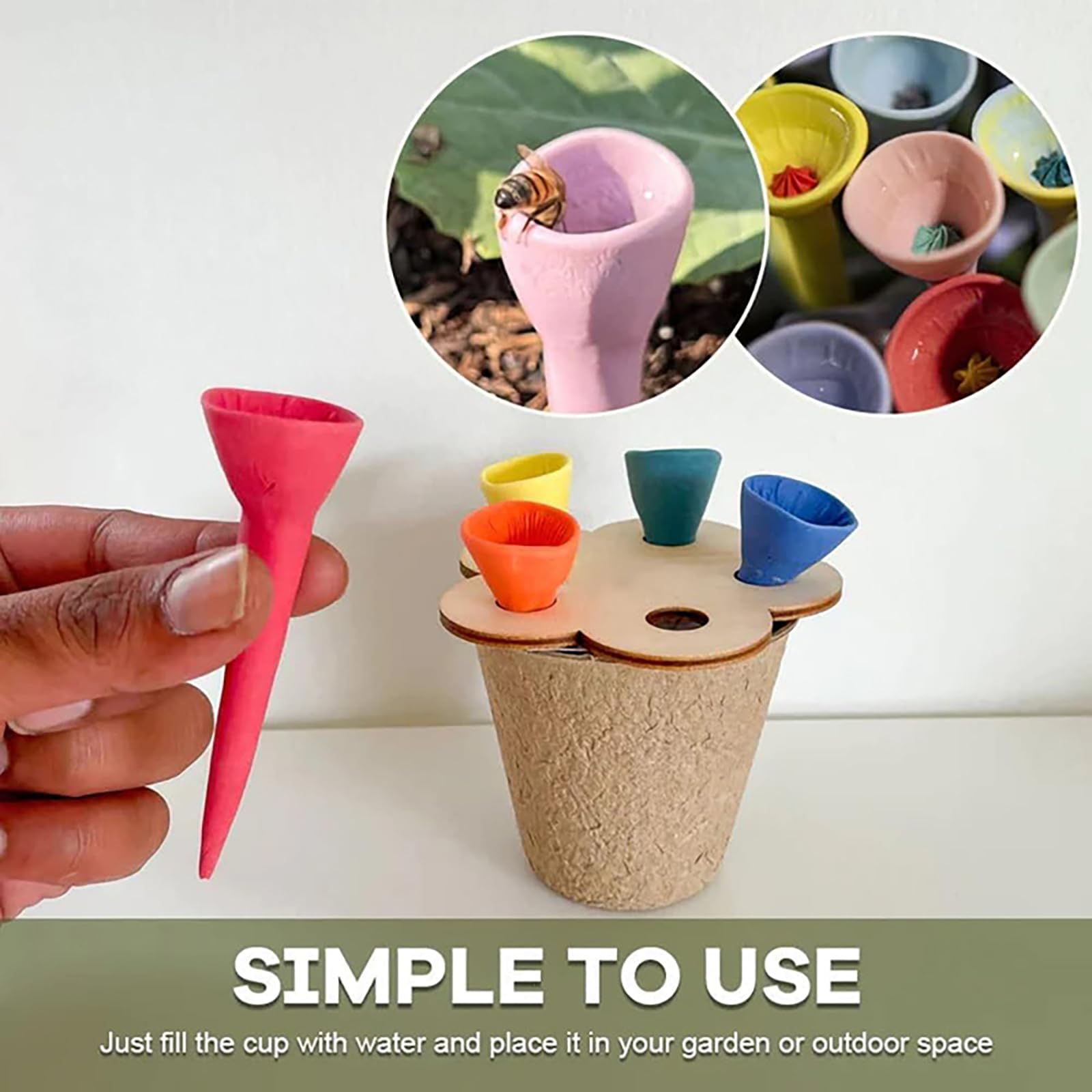 5 Tazze Da Bere Per Api E Insetti | Colorate | Con Tagliere Legno | Per Giardino Balcone