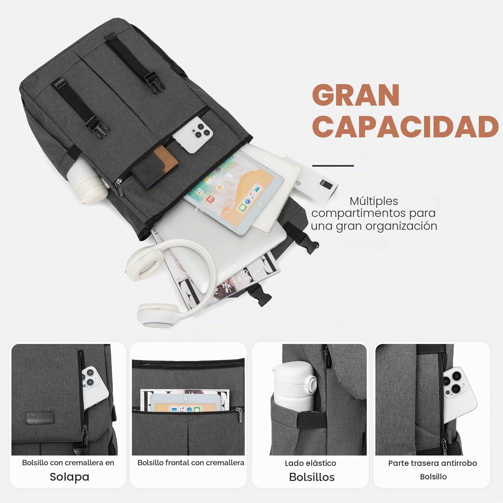 LOVEVOOK Mochila Mujer Hombre Bolso Mochila Ordenador Portatil 15.6 Pulgadas Mochila Escolar Adolescente con USB Mochilas Antirrobo Casual Laptop Backpack Impermeable para la Universidad Viaje