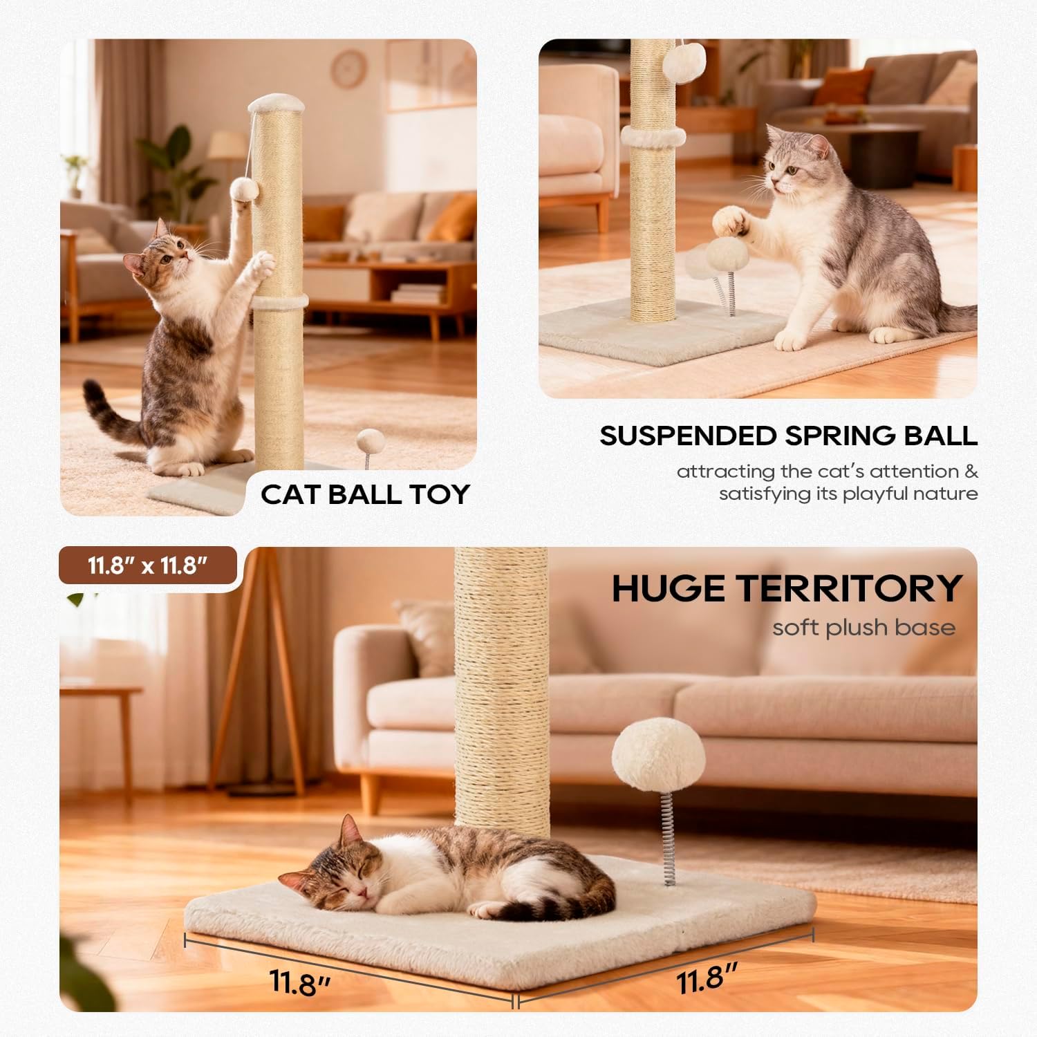 22 Inch Cat Scratching Post Cat Scratcher Natural Sisal Rope Scratch Post Kitten Trees with Hanging Ball for Indoor Cats (Beige, 22 Inch)