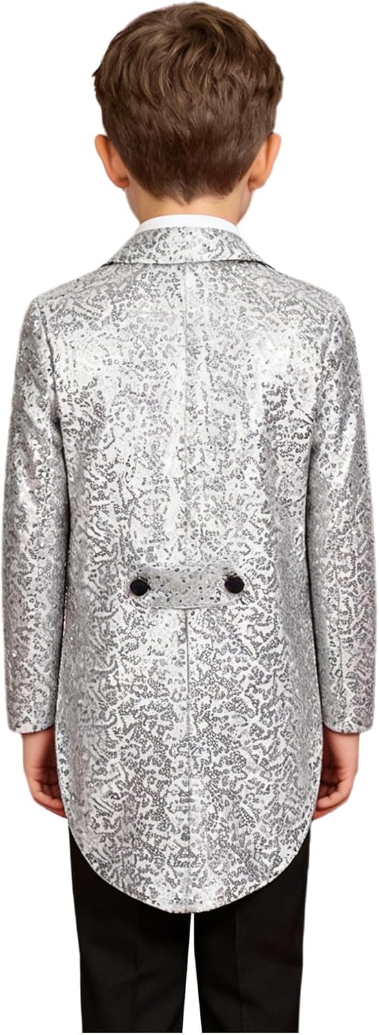Hularka Kids Boys Shiny Sequins Blazer Tailcoat Suit Jacket Classic Fit Tuxedo Party Performance Swallow-Tailed Coat