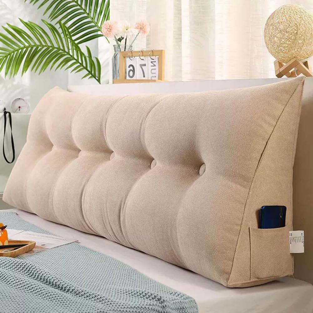 Cojín de cuña triangular de espuma viscoelástica con soporte lumbar y cabecero extraíble para leer o relajarse, cojín de posicionamiento suave para sofá cama (beige, 120 x 50 x 20 cm)
