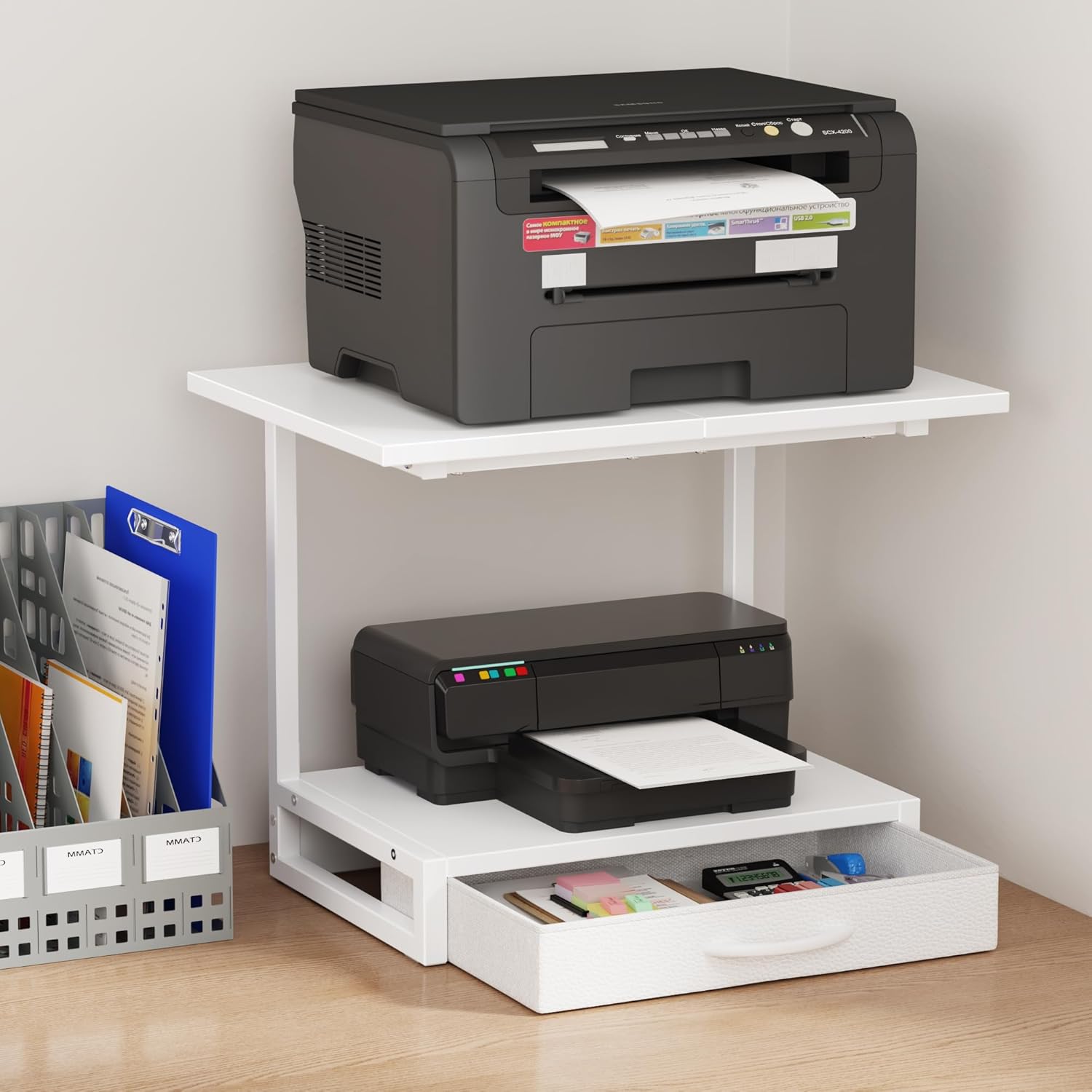 YAOHUOO 2-Tier Desktop Printer Stand with Fabric Drawer, Prtiner Table with Storage Shelf, Desk Organizer for Home Office,3D Printer,Fax Machine,Scanner, 17.3"x11.8" Black