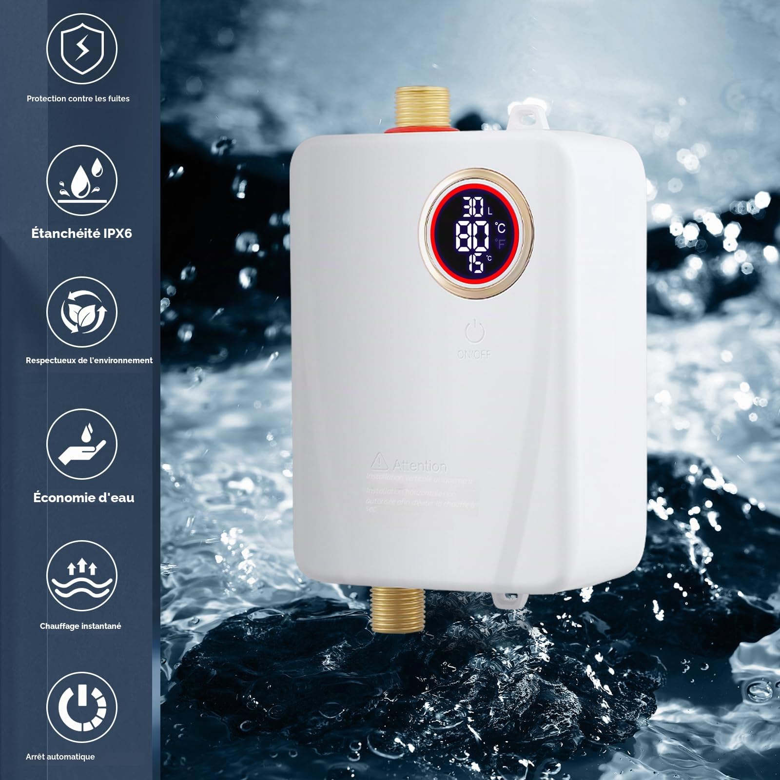Mini chauffe-eau instantané 3500 W 220 V - Chauffe-eau électrique sous évier avec affichage de la température LCD - Chauffe-eau instantané à régulation électronique pour douche, salle de bain, cuisine
