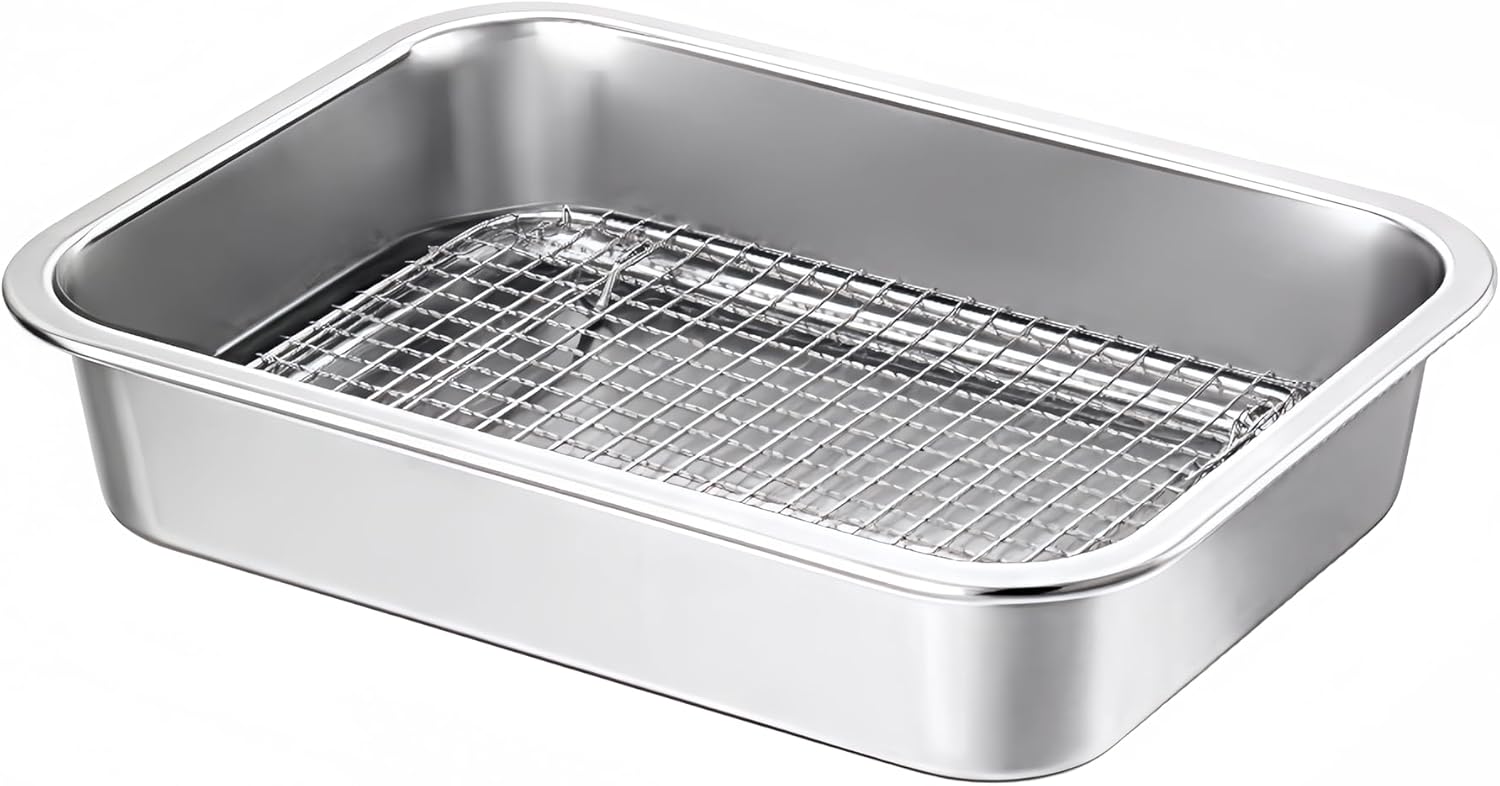 Stainless Steel Sturdy Roasting Pan with Cooling Rack – Oven, Toaster & Grill Safe, Deep Edge, Smooth Finish, Dishwasher Safe – Perfect for Turkey, Chicken, BBQ (12.4x8.5x2.8in)