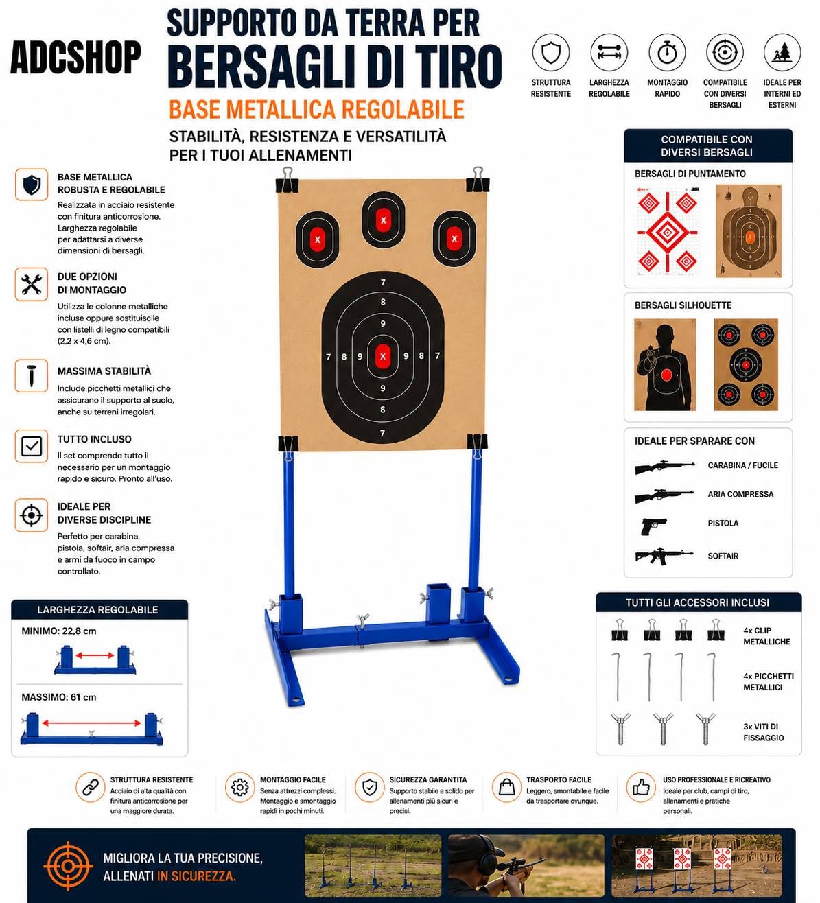 Supporto Regolabile per Bersagli da Tiro – Base Metallica 43 x 63,5 cm – Compatibile con Sagome e Bersagli a Punteggio