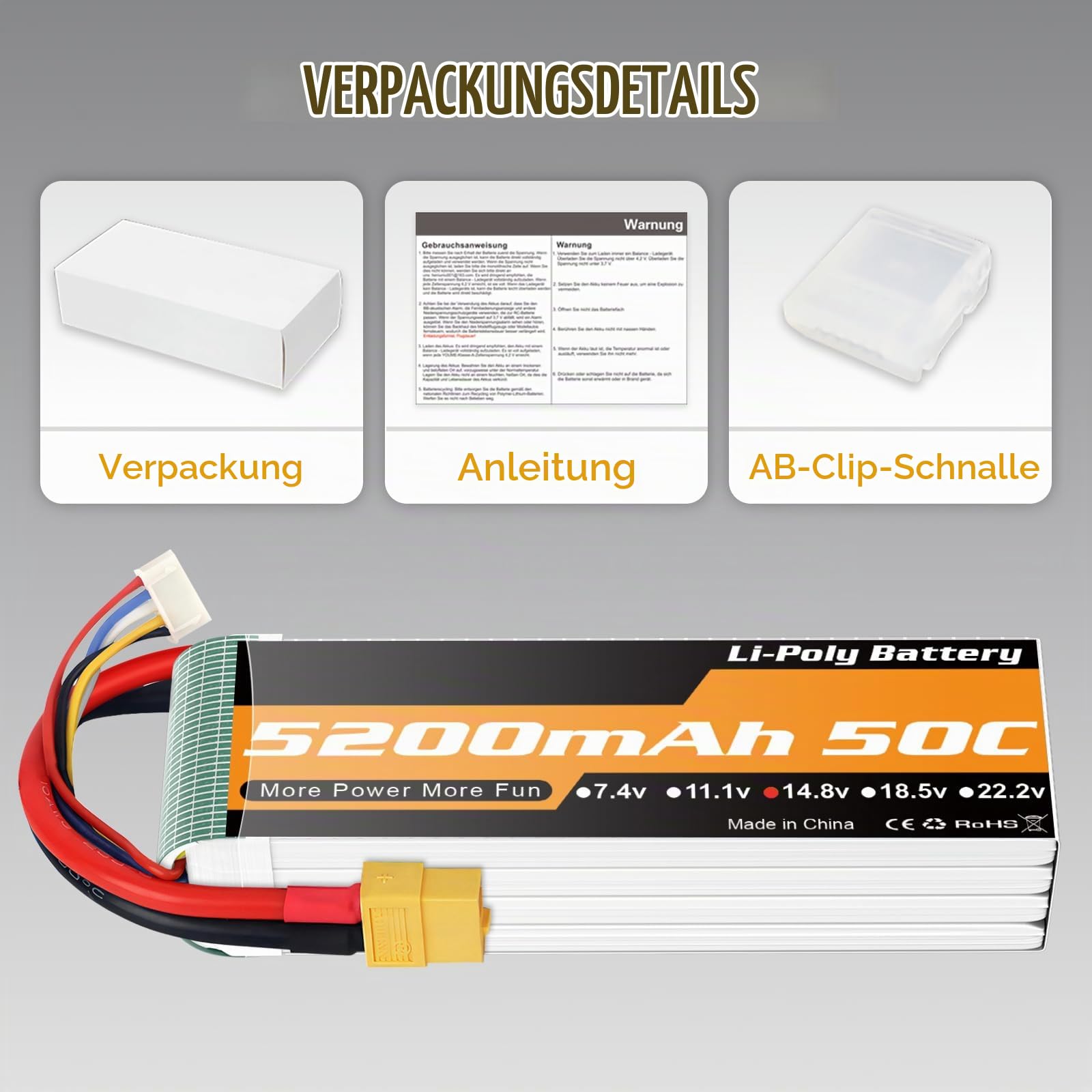 4S Lipo Akku 5200mAh 14,8V 50C XT60 Stecker für RC Fahrzeuge Drohne 2Stück | 14,8 V Lipo Batterie 5200 mAh 50C, weiches Gehäuse XT60 und Dean's T-Stecker für 1/8- 1/7 RC Fahrzeuge, Boote, Drohnen