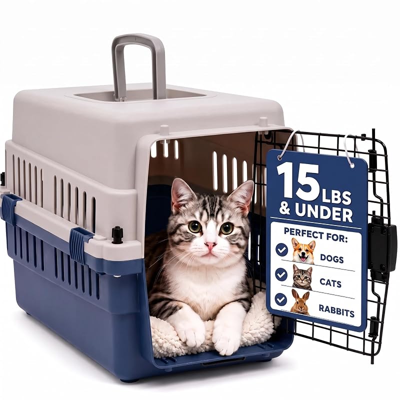 Caixa de Transporte Rígida para Gatos e Cães Pequenos FREEPET com Porta de Arame e Ventilação 360° 50,04 x 34,04 x 32 cm