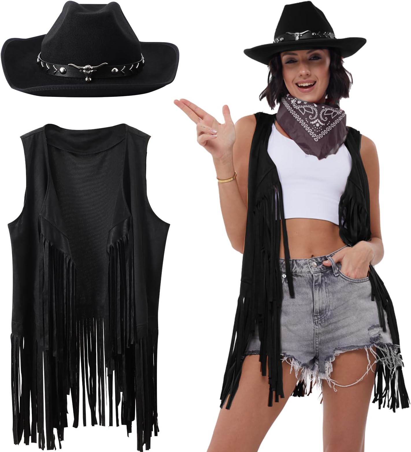 PARTTELYWestern Outfits for Women Cowgirl Tassel Sleeveless Vest Cowboy Hat and Paisley Bandana