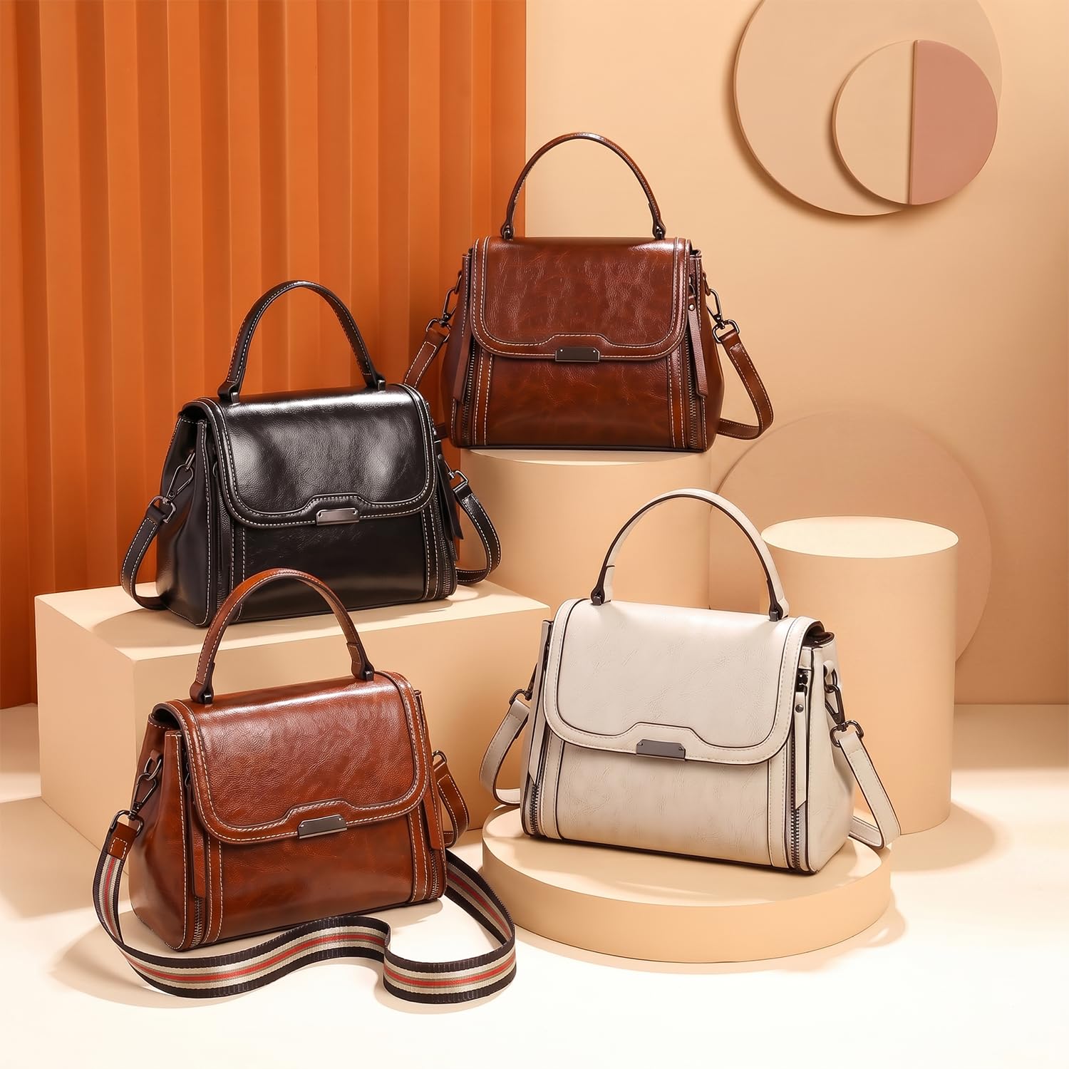 Bolso de Mano Mujer de Cuero Genuino Verano, Elegante Bolso de Hombro y Bandolera, Bolso Tote Estructurado Clásico para Trabajo Diario Marrón
