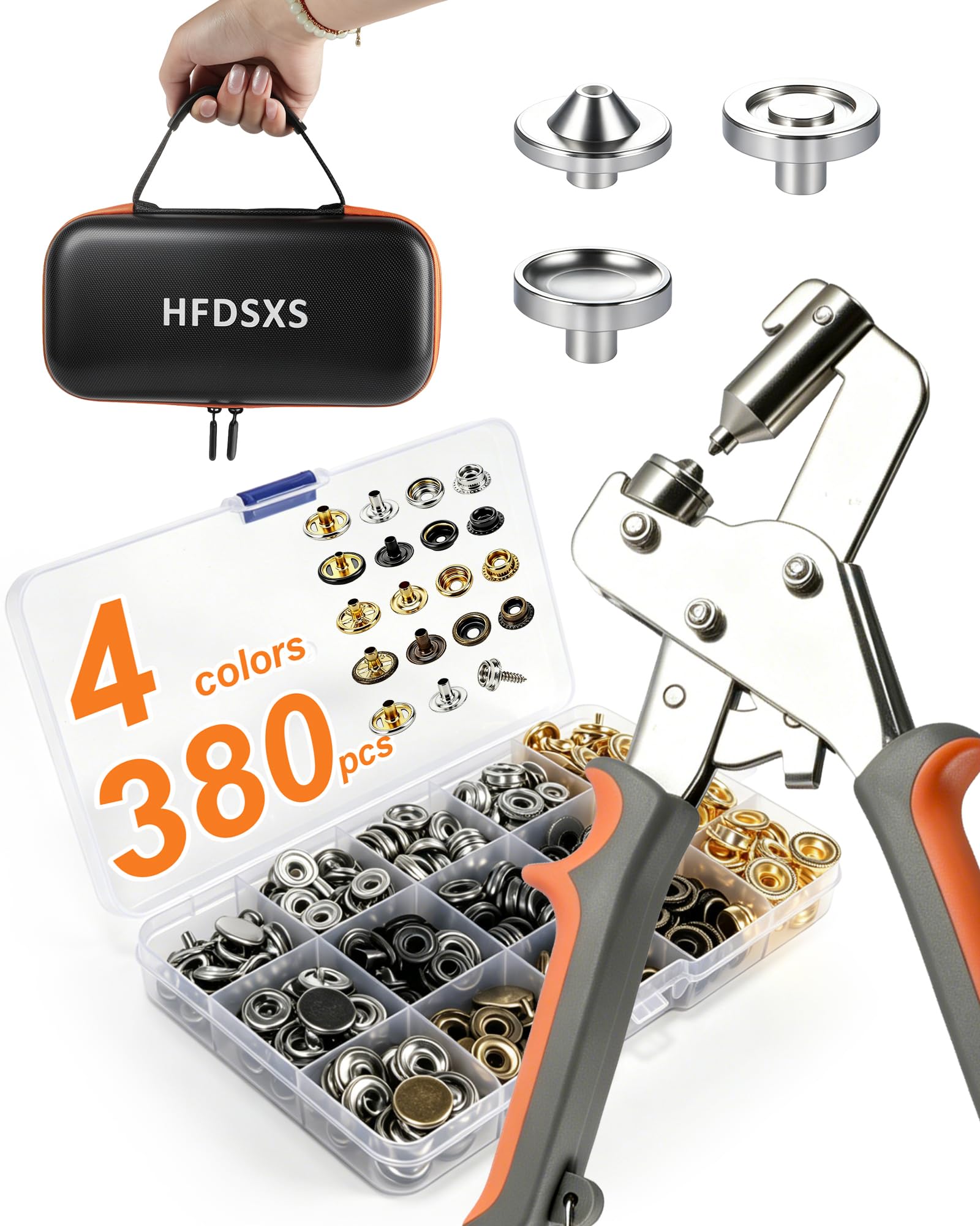 HFDSXS Kit de herramientas de cierre a presión con 100 juegos de broches de acero inoxidable, alicates de instalación resistentes con 3 troqueles magnéticos y estuche de almacenamiento para cubiertas