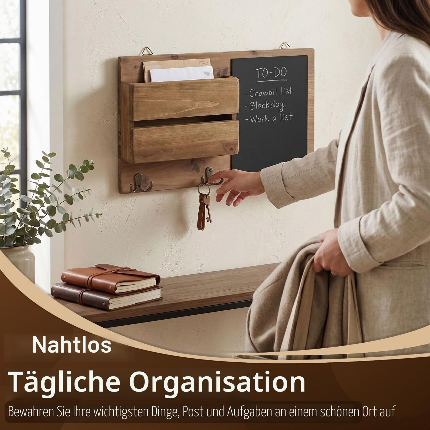 Flexzion Rustikale Holz-Wand-Organizer für den Eingangsbereich, wandmontierter Mudroom-Aufbewahrungs-Organizer mit Kreidetafel/Memoboard & Schlüsselhaken/f Möbel-Accessoire für Haustür und