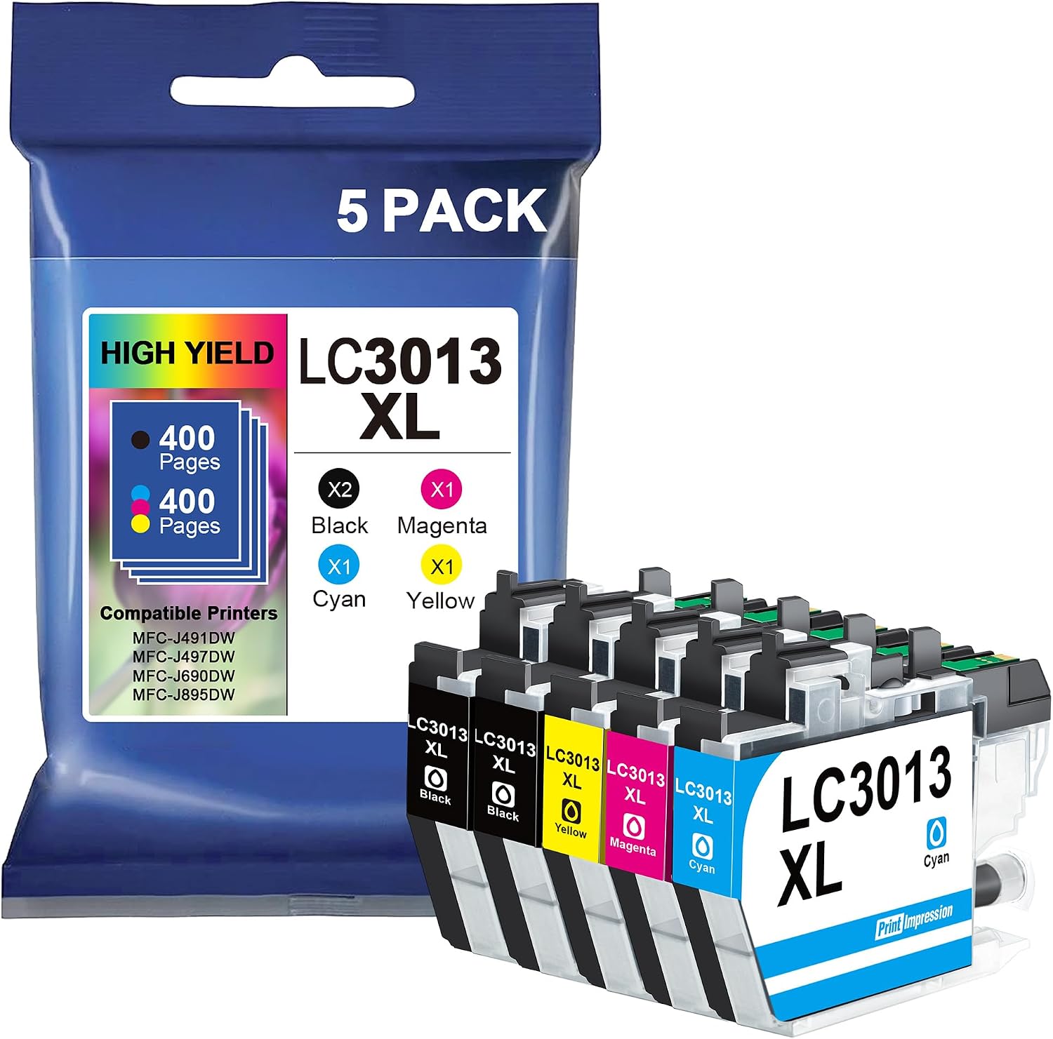 LC3013 Ink Cartridges BK/C/M/Y 5-Pack High Yield LC3013XL LC3013BK LC3011 LC3011BK Compatible for Brother Ink Cartridges LC 3013 Up to 400 Pages Work for MFC-J497DW MFC-J491DW MFC-J895DW MFC-J690DW