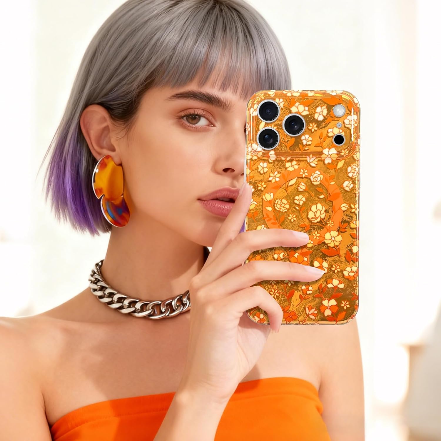 Magnetic Floral Case for iPhone 17 Pro Max, Compatible with Magsafe, Cute Floral Flower Bling Design, Shiny Shockproof Protective Cover for Women Girls, Orange Gradient Flower