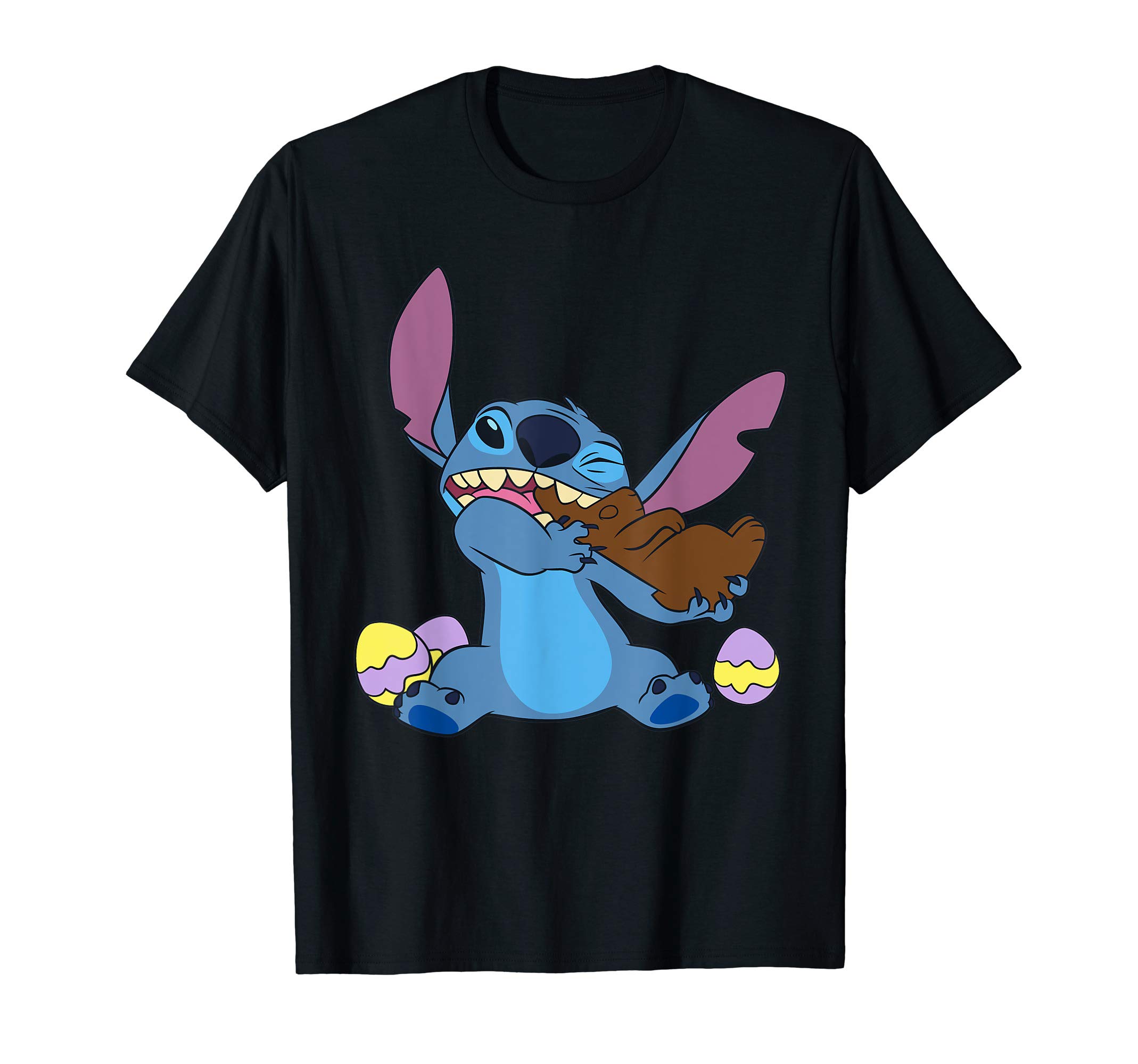 DisneyStitch Eats Chocolate Bunny with Easter Eggs Funny T-ShirtOEKO-TEX STANDARD 100