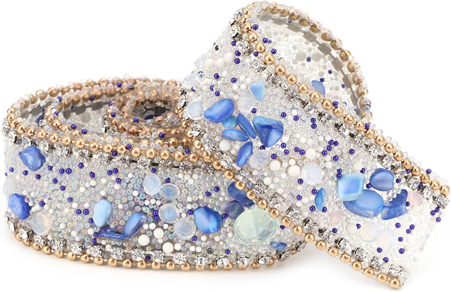 Diamond Ribbon, Dazzling 2.5cm DIY Diamond Mesh Wrap Roll Crystal Rhinestones Chain Trim Ribbon Decoration (Sapphire Blue Stone + Gold Bead Chain)
