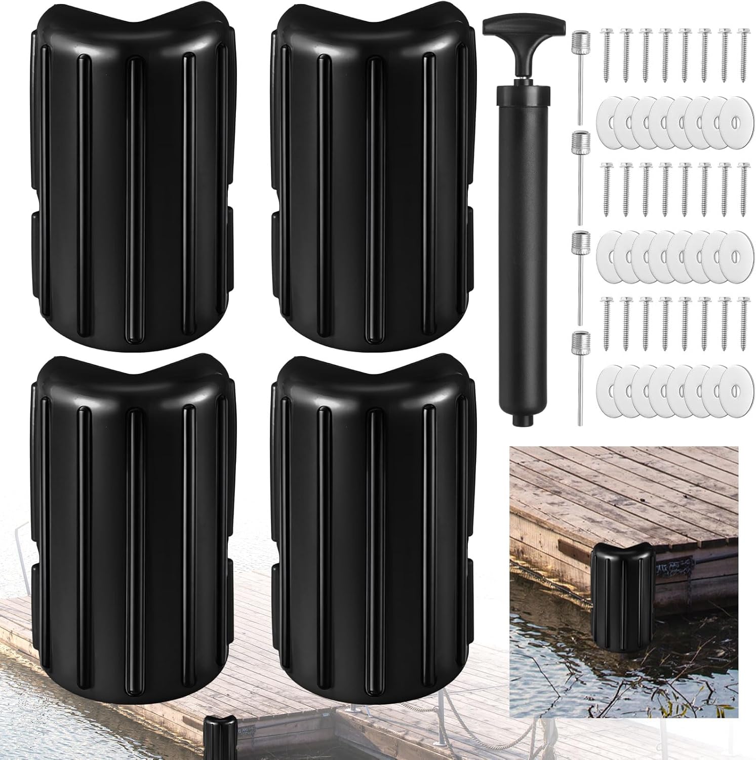Timtin 4 Pack Dock Bumpers Dock Fender Bumpers Boat Corner Fenders Inflatable Guard Protection with Pump and Mounting Hardware Straight Edge Side Marine Fenders Side Guard for Buoy Pontoon
