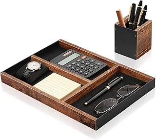 TEESSFROOD Desk Drawer Organizer Tray with Pen Holder Set, Wooden Office Desk Organizer Tray for Keys, Pen, Watch