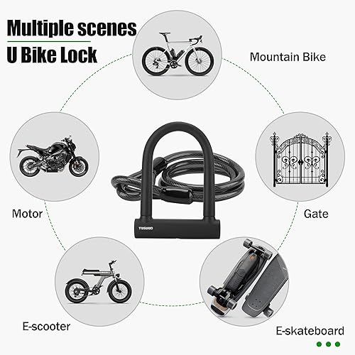 Miniatura 7 de Juego de candado en U de gran tamaño para bicicleta, resistente y antirrobo, con cable de acero de 4 pies, cerradura en U para bicicleta, con