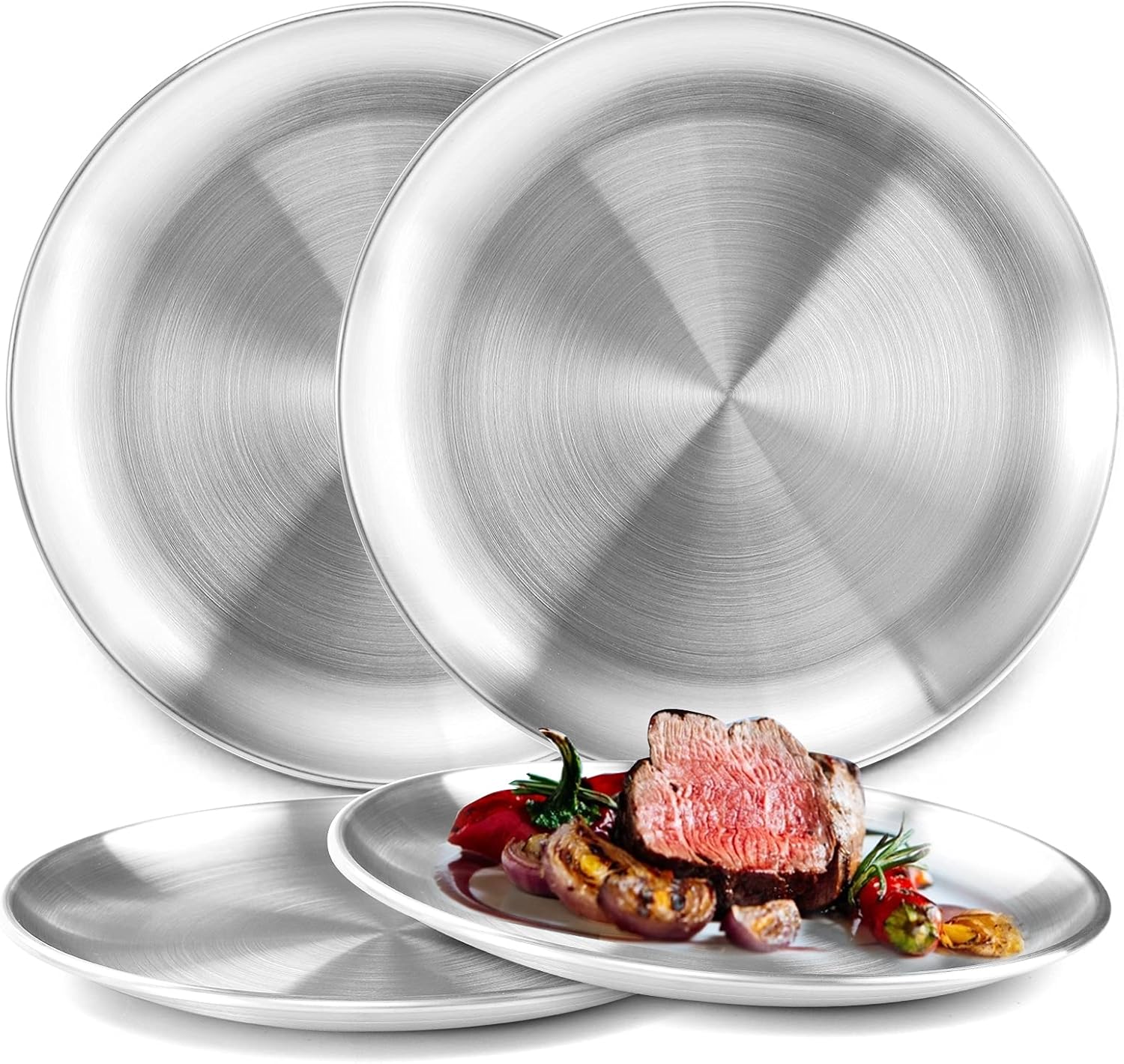 Fasmov 8 Pack 8 inches 18/8 Stainless Steel Plates, Metal 304 Dinner Dishes Serving Camping Plates for Picnic Outdoor Camping, Reusable and Dishwasher Safe