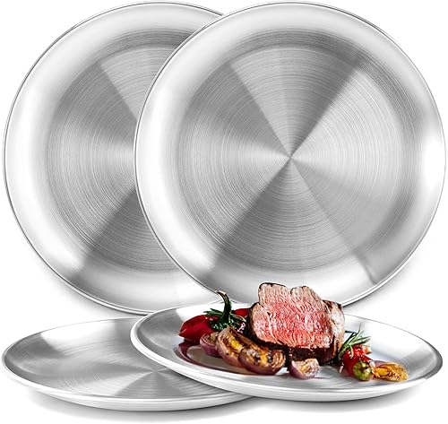 Miniatura 6 de Fasmov Paquete de 8 platos de acero inoxidable 188 de 8 pulgadas, platos de metal 304 para servir platos de campamento para picnic al aire libre,