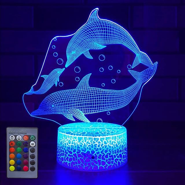 Creative 3D Dolphin Night Light Lamp Remote Control Touch Switch 7/16 Colors Changing USB Powered LED Decor Optical Illusion 3D Lamp Children Kids Toy Christmas Xmas Brithday Gift