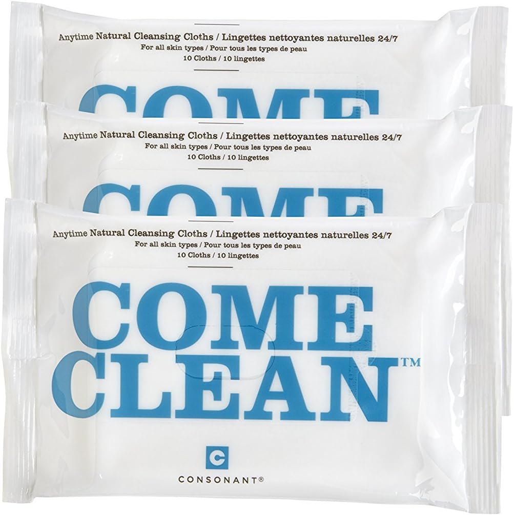 Come Clean Natural Cleansing Bamboo Towelettes, Perfect Makeup Remover, Facial Cleanser and Toner For All Skin Types, With Aloe Leaf Juice and Ginseng, 10 ct. (Pack of 3)