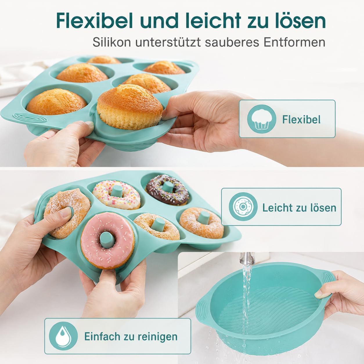 Juego de 8 moldes de silicona para hornear, molde para tartas, magdalenas, molde con espátula y pincel para hornear pan, tostadas, cupcakes, magdalenas (azul)