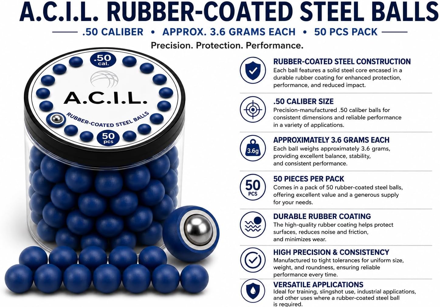 A.C.I.L. Rubber-Coated Steel Balls .50 Cal - 50 Pieces Pack - Approx. 3.6 g Each Ball - Solid Steel Core with Durable Rubber Coating - High Precision Round Balls