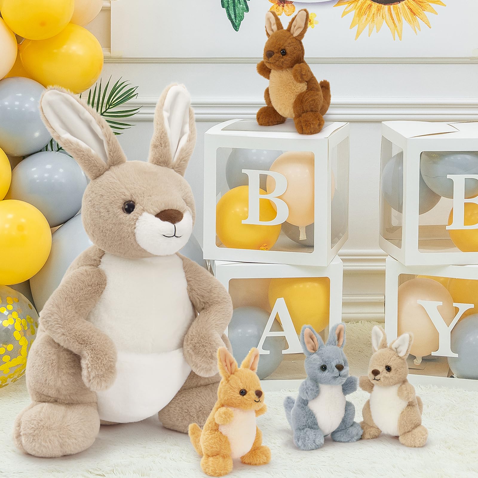 MorisMos Peluche Kangourou avec 4 Bébés 52cm, Famille Kangourou en Peluche, Peluche Maman et Bébés dans Poche, Animal Australien Doux, Cadeau Enfant, Cadeau Naissance, Décoration Chambre