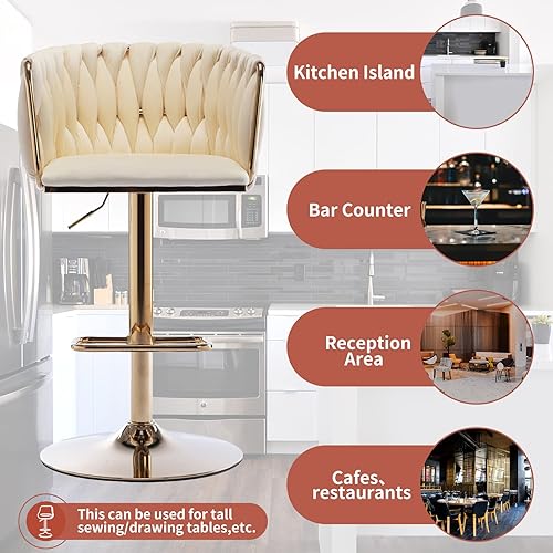 Miniatura 8 de Homtique Taburete de bar, taburetes de bar tejidos de terciopelo, taburetes de bar giratorios de altura de mostrador ajustable con respaldo bajo y