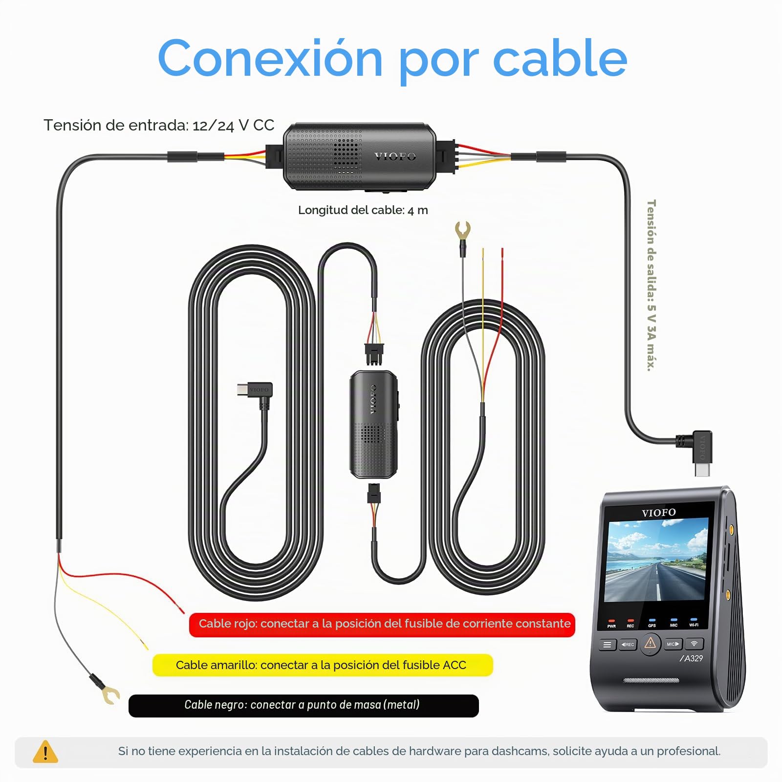 Cable de conexión Directa VIOFO Type-C HK6 Acc para la Serie A329S / A119M Pro, Compatible con el Modo de estacionamiento híbrido, visualización automática del Voltaje y bajo Consumo de energía