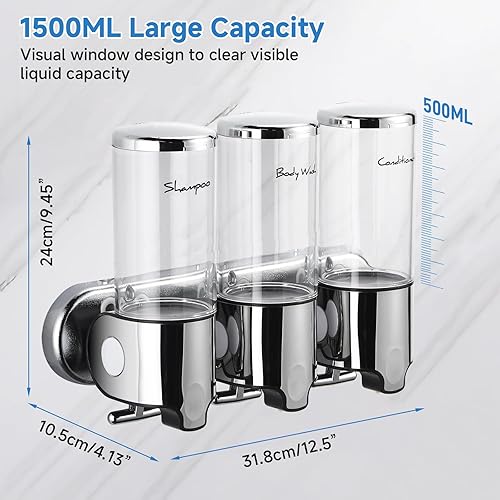 Miniatura 4 de Dispensador de champú y acondicionador, dispensador de jabón de ducha de 3 cámaras, sin taladro, dispensador de champú para ducha, dispensador de