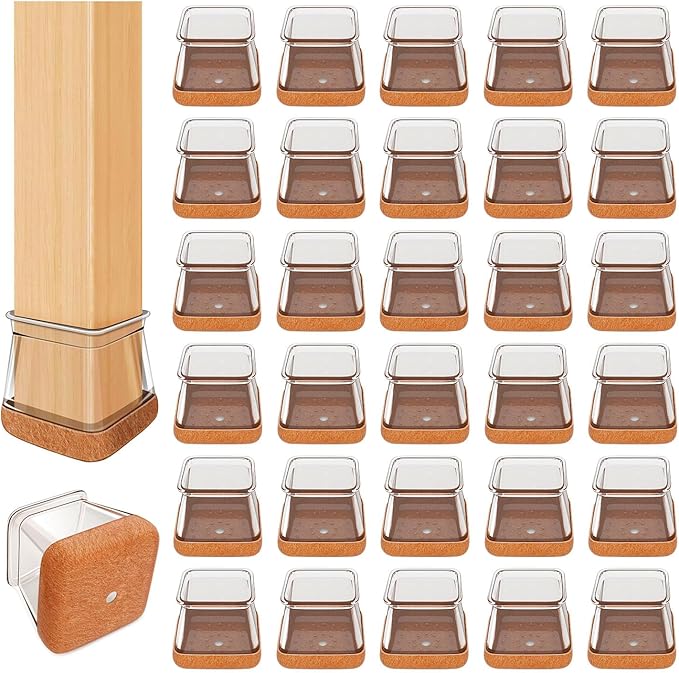 32 Pcs Square Chair Leg Floor Protectors - Silicone & Felt Furniture